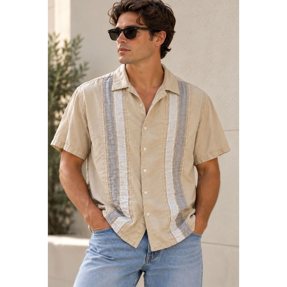 AXIST Silk Shirt Men’s L Beige Vertical Stripe Short Sleeve Bowling Button Up